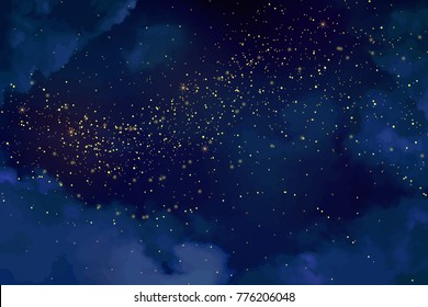 Magic night dark blue sky with sparkling stars. Gold glitter powder splash vector background. Golden scattered dust. Midnight milky way. Christmas winter texture with clouds.