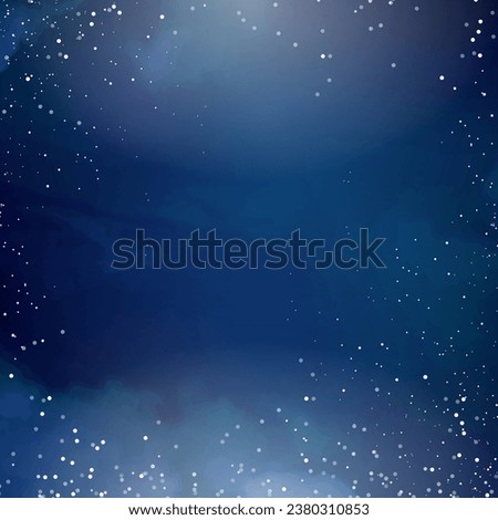 Magic night dark blue sky with sparkling stars. Gold glitter powder splash vector background. Golden scattered dust. Midnight milky way. Navy classic blue color. Christmas winter texture with clouds.