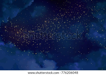 Magic night dark blue sky with sparkling stars. Gold glitter powder splash vector background. Golden scattered dust. Midnight milky way. Winter texture with clouds.
