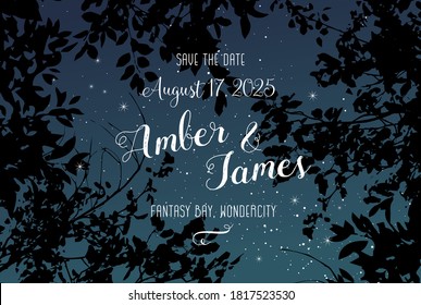 Magic night dark navy card with black tree branches. Summer outdoor starry sky vector wedding invitation. Save the date elegant background. White scattered star dust. Fairytale magic card. Editable.