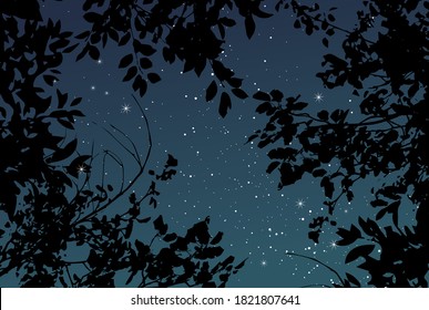 Magic Night Dark Navy Card With Black Tree Branches. Summer Outdoor Starry Sky Vector Wedding Texture. Save The Date Elegant Background. White Scattered Star Dust. Fairytale Magic Card. Editable.