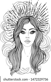 Magic night fairy. Hand drawn portrait of a beautiful  shaman girl with angel wings. Alchemy, religion, spirituality, occultism, tattoo art. Isolated vector illustration. Coloring book page for adults