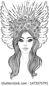 Magic night fairy. Hand drawn portrait of a beautiful  shaman girl with angel wings. Alchemy, religion, spirituality, occultism, tattoo art. Isolated vector illustration. Coloring book page for adults