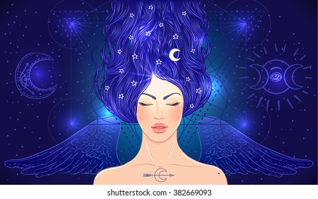 Magic night fairy. Hand drawn portrait of a beautiful  shaman woman with angel wings. Alchemy, religion, spirituality, occultism, tattoo art. Isolated vector illustration.