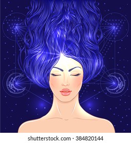 Magic night fairy. Hand drawn portrait of a beautiful  shaman woman. Alchemy, religion, spirituality, occultism, tattoo art. Isolated vector illustration. . Coloring book page for adults.