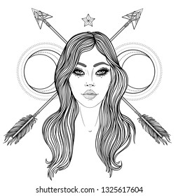 Magic night fairy with a moon. Hand drawn portrait of a beautiful shaman woman. Alchemy, religion, spirituality, occultism, tattoo art. Isolated vector illustration. Coloring book page for adults.