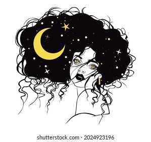 Hadas mágicas nocturnas con la luna. Retrato dibujado a mano de una hermosa mujer chamánica. Alquimia, religión, espiritualidad, ocultismo, arte tatuado. Ilustración vectorial.