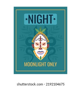 Magic night flyer design with tribal mask. Traditional decoration in boho style, dancers silhouette vector illustration with text samples. Template for performance ticket or invitation cards