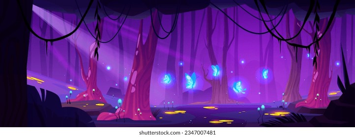 Magic night forest landscape cartoon background with firefly and ore puddle glow. Fantasy jungle game illustration with tree and mysterious mushroom. Tropical wonderland with fantastic glowworm