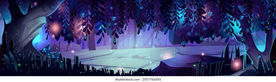 Bosque de noche mágica con luciérnagas de neón. Ilustración de dibujos animados de Vector de brillo oscuro con árboles viejos, hierba y plantas púrpuras de fantasía que brillan a la luz de la luna, paisaje de cuento de hadas, paisaje natural misterioso