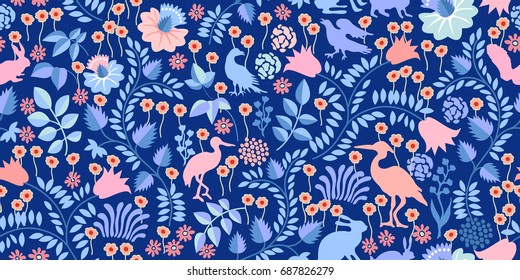 Magic night forest. Seamless vector pattern with birds, hares, flowers and trees on dark blue background. Textile print with vintage motifs.
