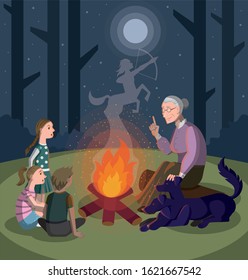 Magic night. The grandmother tells the children stories around the campfire.