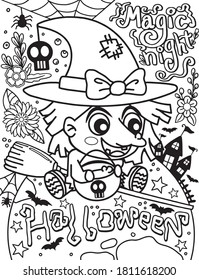 Magic night Halloween. A witch, bats, castle and flower elements. Hand drawn lines. Doodles art for greeting cards, invitation or poster. Coloring book for adults and kids.