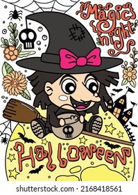 Magic Night Halloween. Witch cartoon with bats, skull, castle and flower elements. Hand drawn lines. Doodles art for greeting cards, invitation or poster. Coloring book for adult and kids.