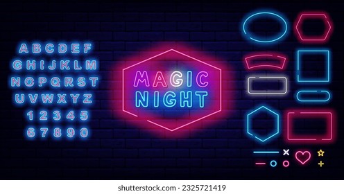 Magic night neon label. Handwritten text. Shiny blue alphabet. Shiny phrase. Different frames collection. Light quote. Mystery show. Miracle festival. Bright banner. Vector stock illustration