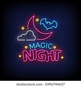 magische Nacht Neon Zeichen Vektor mit Ziegelwand Hintergrund