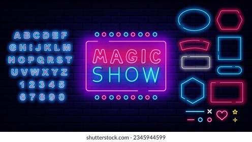 Magic night neon signboard. Handwritten text. Shiny turquoise alphabet. Shiny phrase. Geometric frames collection. Light quote. Mystery show. Miracle festival. Bright banner. Vector stock illustration