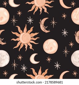 Magic night pattern with stars, moon and sun on black background. Vector illustration