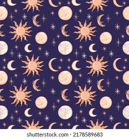 Magic night pattern with stars, moon and sun on dark blue background. Vector illustration