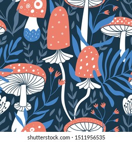 Magic night seamless pattern with mushrooms and flowers. Fly agaric repeated background in hand-drawn style. Vector illustration.