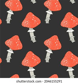 Magic night seamless pattern with mushrooms and flowers. Fly agaric repeated background in hand-drawn style. Vector illustration.