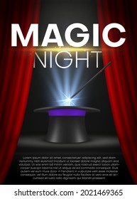 Magic Night Show Realistic Vertical Poster With Place For Text Vector Illustration. Magician Fairy Entertainment Event Placard Cylinder Hat And Magical Wand. Witchcraft Performance With Red Curtains