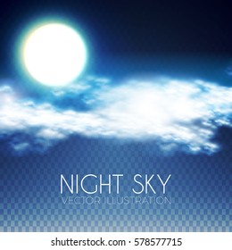 Magic Night Sky Background. Moon, Clouds and Stars Background. Moonlight Transparent Space. Vector illustration