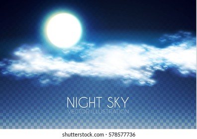 Magic Night Sky Background. Moon, Clouds and Stars Background. Moonlight Transparent Space. Vector illustration