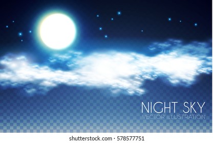 Magic Night Sky Background. Moon, Clouds and Stars Background. Moonlight Transparent Space. Vector illustration