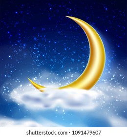 Magic night sky background with white cloud, golden moon shining stars on blue. Fantasticm mystical natural wallpaper in moonlight. Christmas, ramadan kareem holiday poster template. Vector realistic