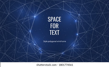 Magic night sky banner for invitation card. Frame template for text or photo with geometric wireframe background in polygonal style. Futuristic space for booklet