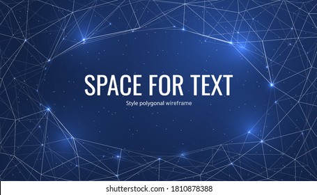 Magic night sky banner for invitation card. Frame template for text or photo with geometric wireframe background in polygonal style. Futuristic space for booklet. Vector illustration