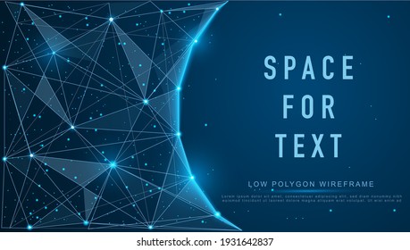 Magic night sky banner for invitation card. Frame template for text or photo with geometric wireframe background in polygonal style. Futuristic space for booklet.Low polygon light connection structure