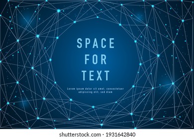 Magic night sky banner for invitation card. Frame template for text or photo with geometric wireframe background in polygonal style. Futuristic space for booklet.Low polygon light connection structure