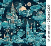 Magic night sky with fairy dream castle towers seamless pattern. Fabulous fairytale houses background. Intricate design with whimsical curls, ethereal clouds, beautiful curves, fantasy waves
