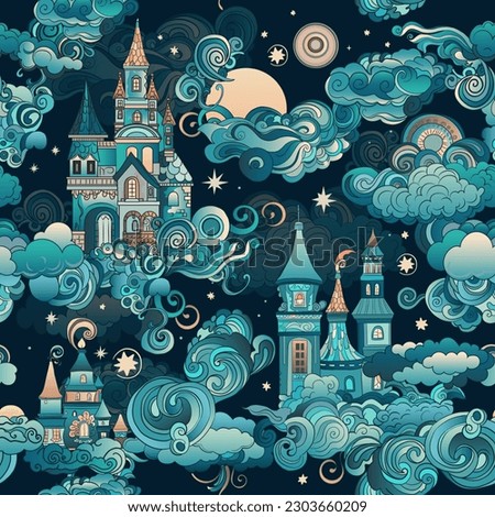 Magic night sky with fairy dream castle towers seamless pattern. Fabulous fairytale houses background. Intricate design with whimsical curls, ethereal clouds, beautiful curves, fantasy waves ストックフォト © 