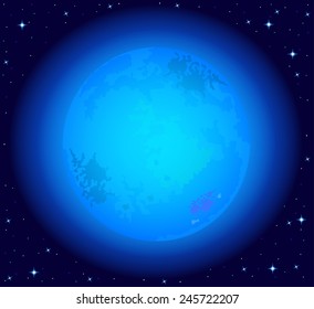 Magic night sky with a full blue moon . Vector illustration.