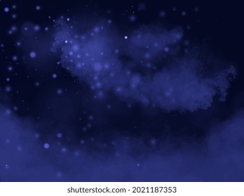Magic night with sparkling stars on dark blue sky background. Gold glitter powder splash. Golden scattered dust. Midnight milky way. Navy classic blue color. Flat cartoon vector illustration