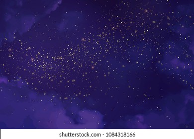Magic night ultraviolet sky with sparkling stars. Gold glitter powder splash vector background. Golden scattered stardust. Midnight milky way. Purple trendy texture with clouds and shimmer.