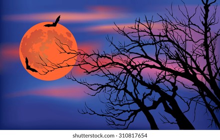 Magic night vector illustration with full moon over blue and purple sky and spooky trees silhouettes