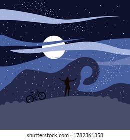 Magic Night Walk Person Under The Stars On A Bike Under The Moon. Purple Sky With Stars.