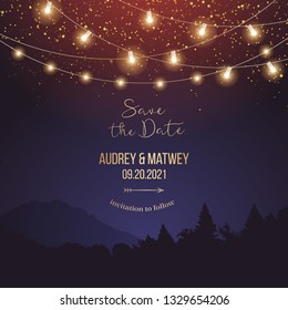 Magic night wedding lights vector design invitation. Party hanging lamp garlands. Landscape purple background. Gold stars and glow. Golden scattered dust. Midnight fairytale card.Isolated and editable