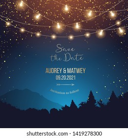 Magic night wedding lights vector design invitation. Party hanging lamp garlands. Landscape teal and orange background. Gold stars. Golden scattered dust. Midnight fairytale card.Isolated and editable