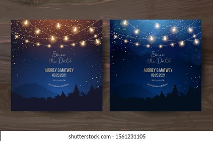 Magic night wedding lights vector design invitations. Party hanging lamp garlands. Landscape blue backgrounds. Gold stars. Golden scattered dust. Midnight fairytale cards. Isolated and editable