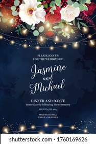 Magic night wedding lights vector design invitation. Party hanging bulb garlands. Rose, greenery and peony flowers. Gold stars. Golden scattered dust. Midnight fairytale card. Isolated and editable