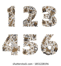 Magic numbers. Christmas illustration with motifs from the Nutcracker ballet. Silver and gold colors.