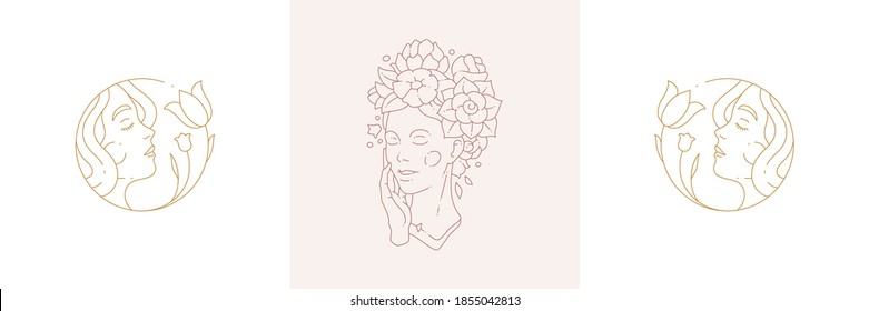 Magia ninfa encantadores femeninos tiernos en ilustraciones vectoriales de estilo lineal boho. Sencillos emblemas bohemios en líneas doradas con mujeres de belleza cabeza símbolos para diseño místico y concepto cosmético