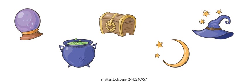 Magic Object and Element with Cauldron, Ball, Chest, Hat and Crescent Vector Set