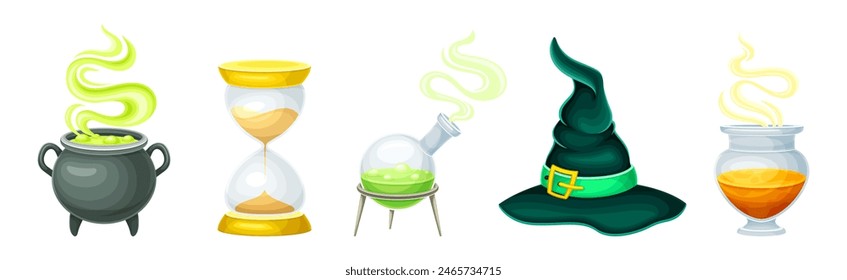 Magic Object and Element with Cauldron, Hourglass, Witch Hat and Flask Vector Set