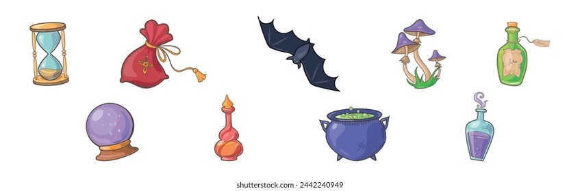 Magic Object and Element with Hourglass, Sack, Bat, Mushroom, Cauldron, Potion Jar and Crystal Ball Vector Set